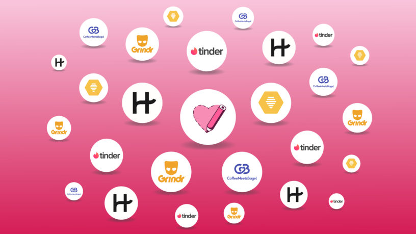 Collection of dating app logos on a pink gradient background