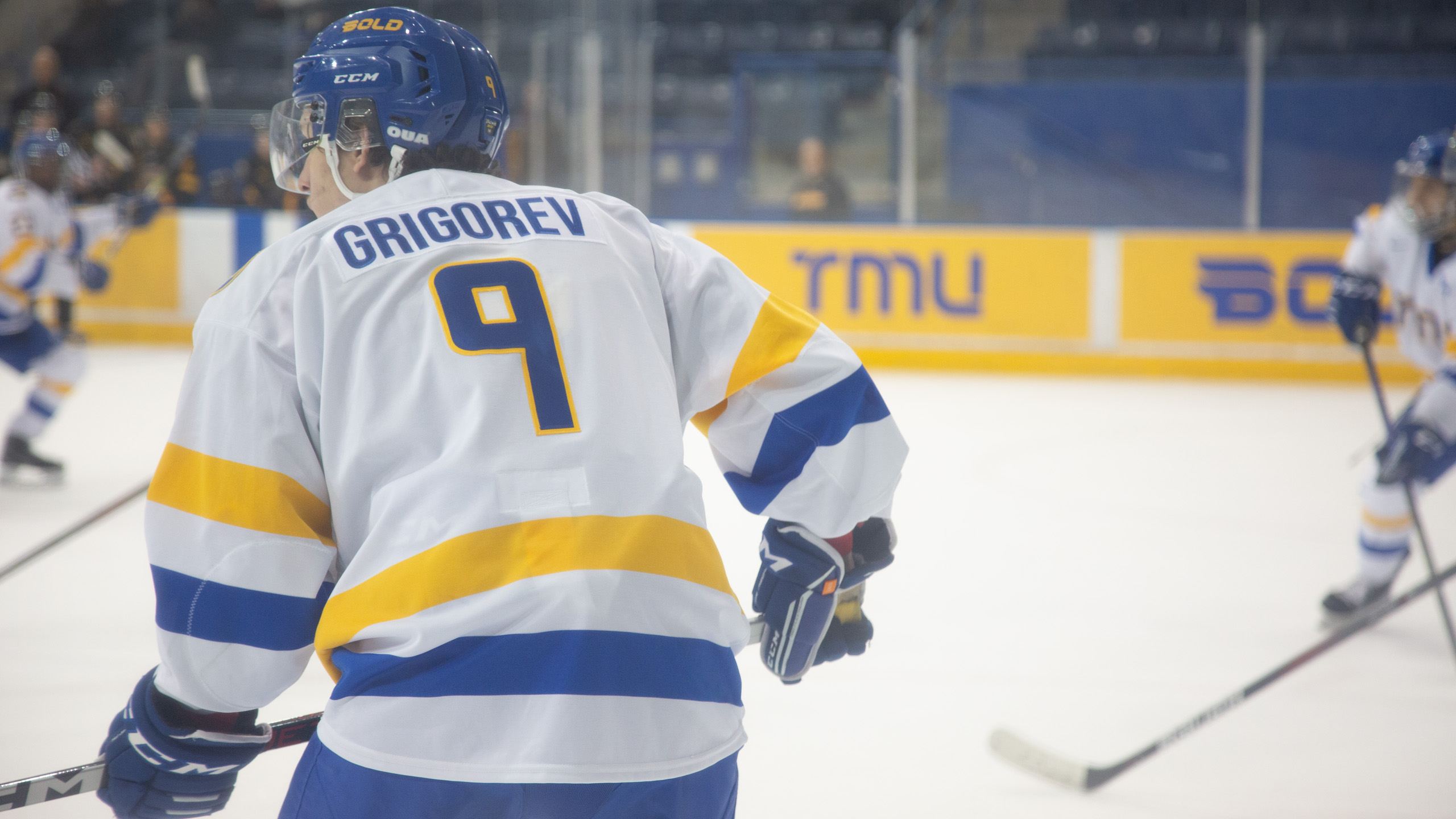 TMU men's hockey player Daniil Grigorev skates on the ice