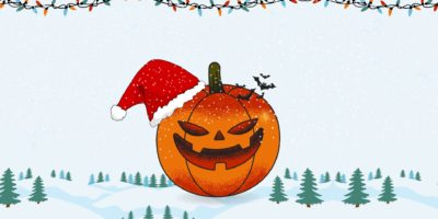 Cartoon of a jack-o-lantern wearing a santa hat and sitting in a snow covered environment