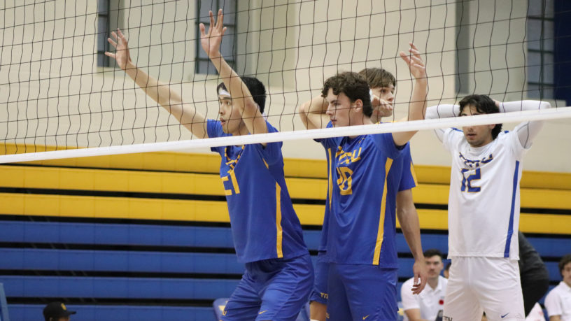 Players from the TMU men's volleyball team prepare to block a serve from the Windsor Lancers