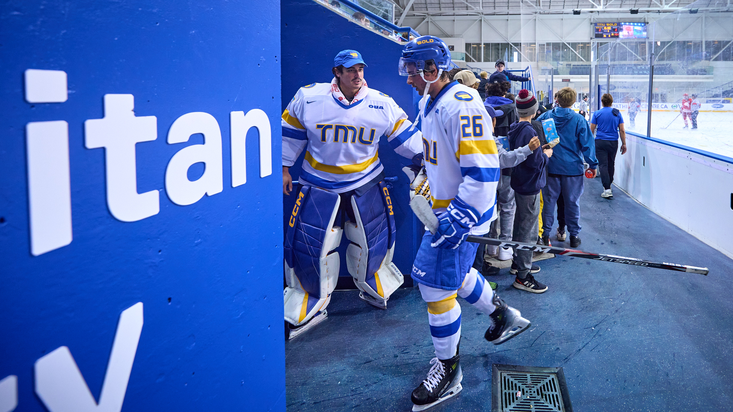TMU Bold men's hockey player Ian Martin heads to the locker room