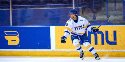 TMU Bold men's hockey player Kevin Gursoy skates on the ice at the Mattamy Athletic Centre