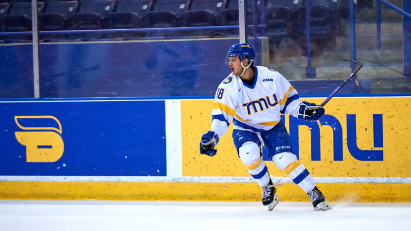 TMU Bold men's hockey player Kevin Gursoy skates on the ice at the Mattamy Athletic Centre