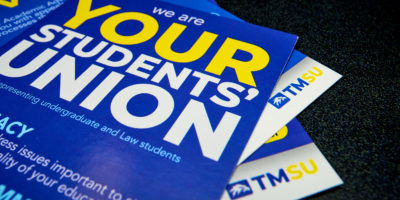 Students' union flyers in blue, yellow and white