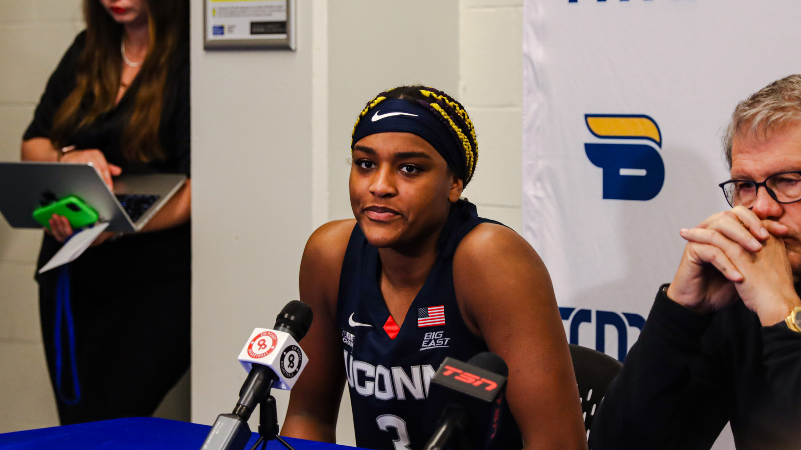 Aaliyah Edwards speaks to the media after the game