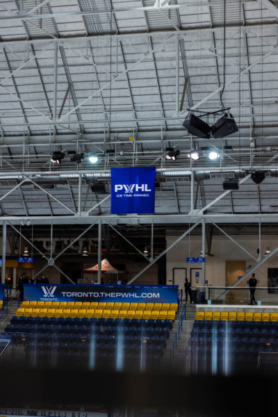 The PWHL banner hangs above the seats in the MAC