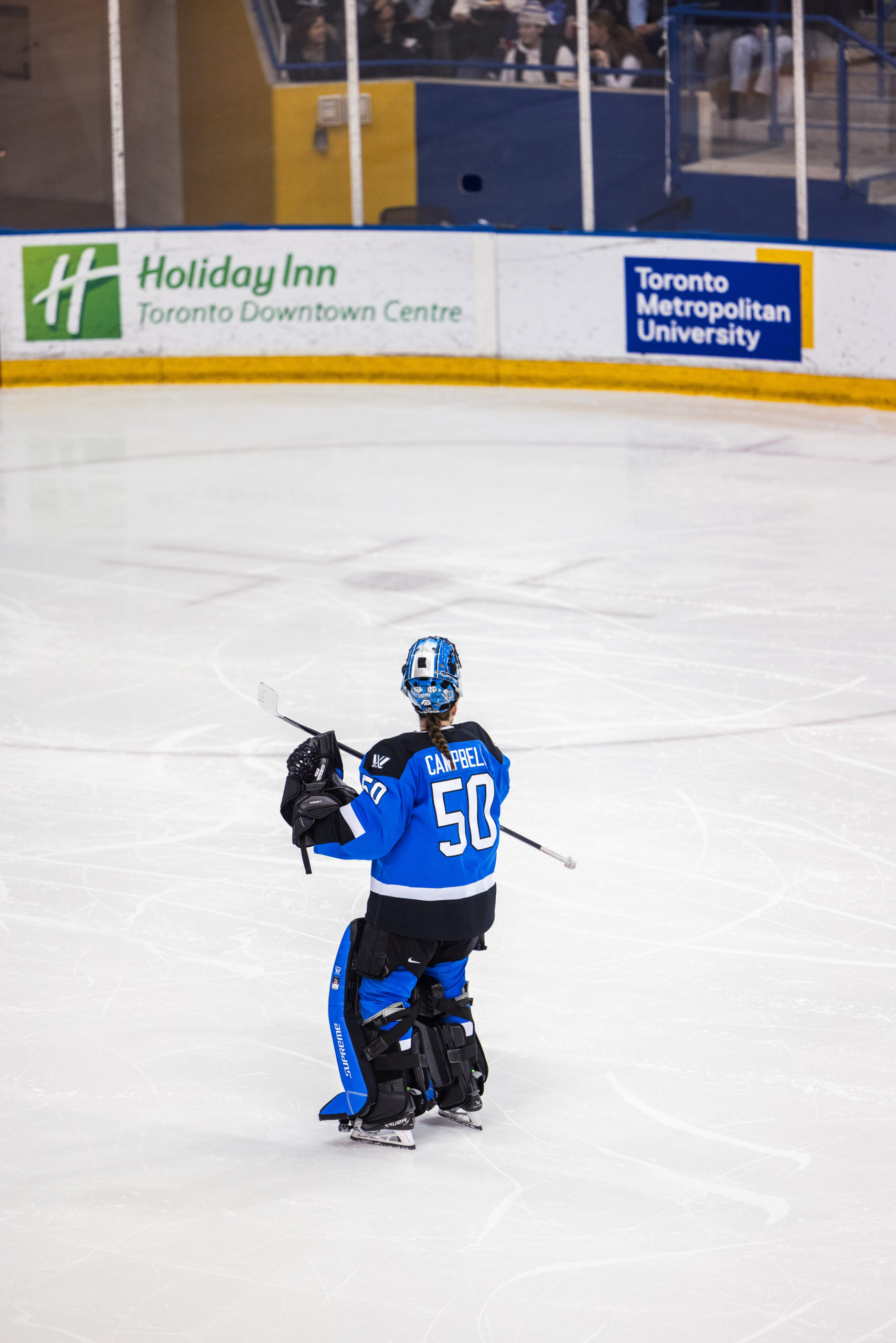 PWHL Toronto goalie skates around the ice