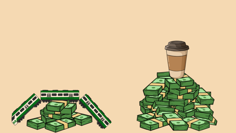 Two piles of money. One with a train on top, the other with a cup of coffee on top.