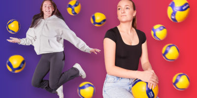 Lauren Veltman jumps with a volleyball, while Britney Veltman sits with a volleyball in her lap