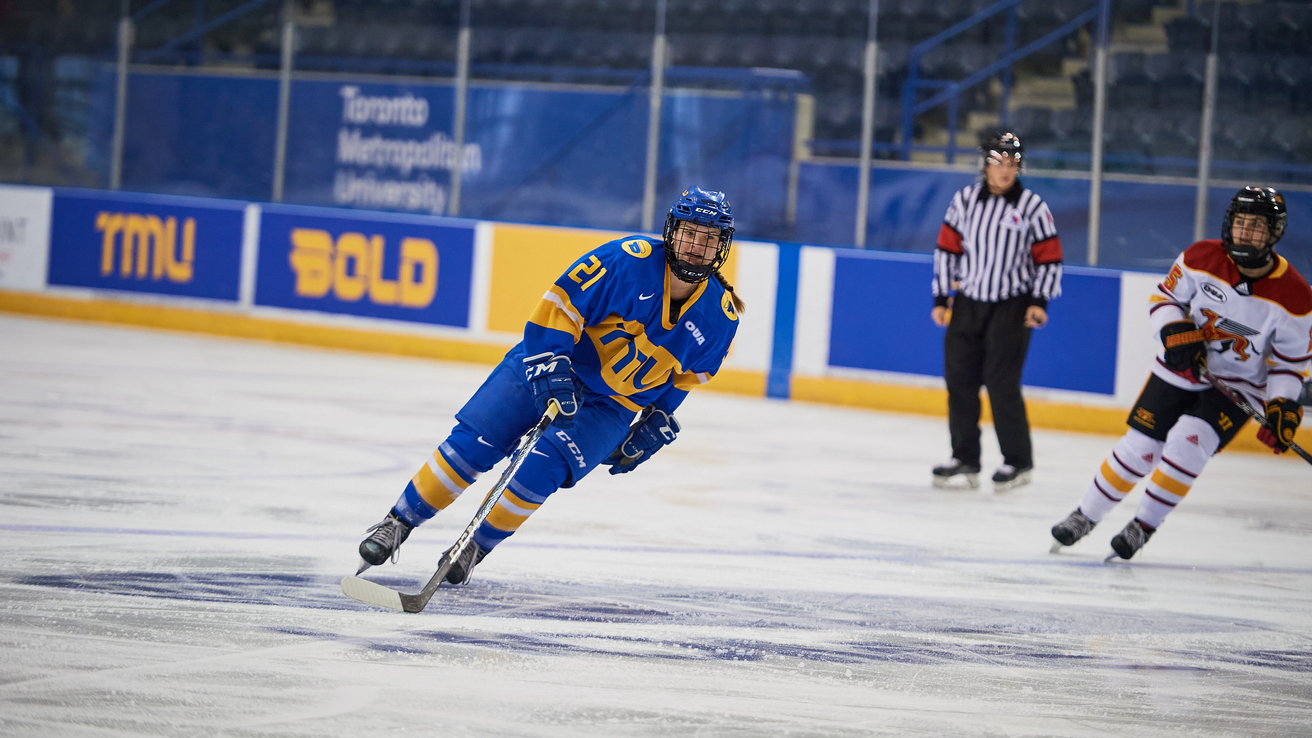 TMU women's hockey player Emily Baxter skates on the ice