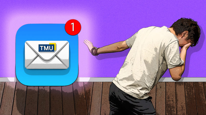 Person scared of email looks away from glowing TMU email app icon