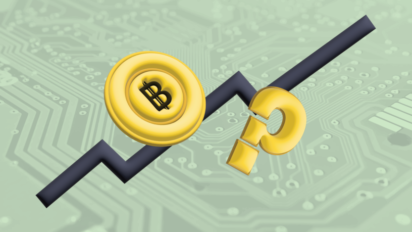 Bitcoin, question mark and graph trending upwards in front of a motherboard