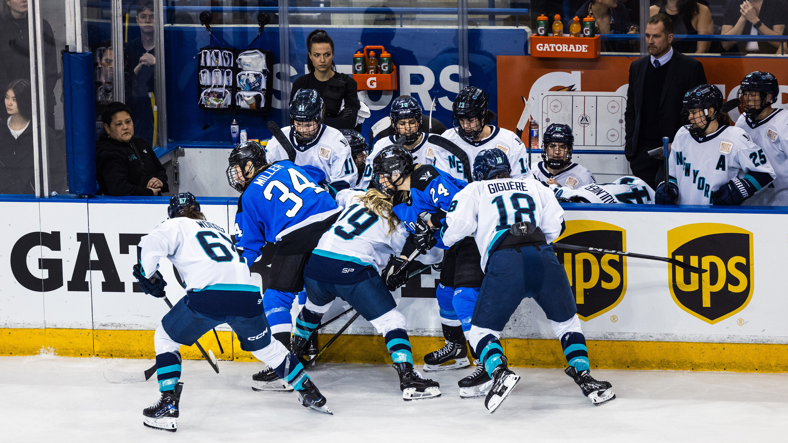 Players from PWHL Toronto and PWHL New York battle for a puck along the boards near New York's bench