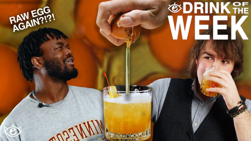 top right corner reads, "drink of the week" two people on either side looking surprised with an orange drink in the center