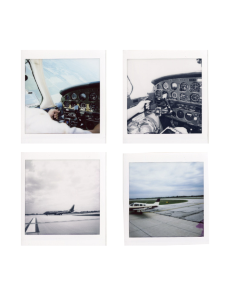 Four polaroids in a square. The top two photos are of the control panel in a plane and the bottom two are of a tarmac.