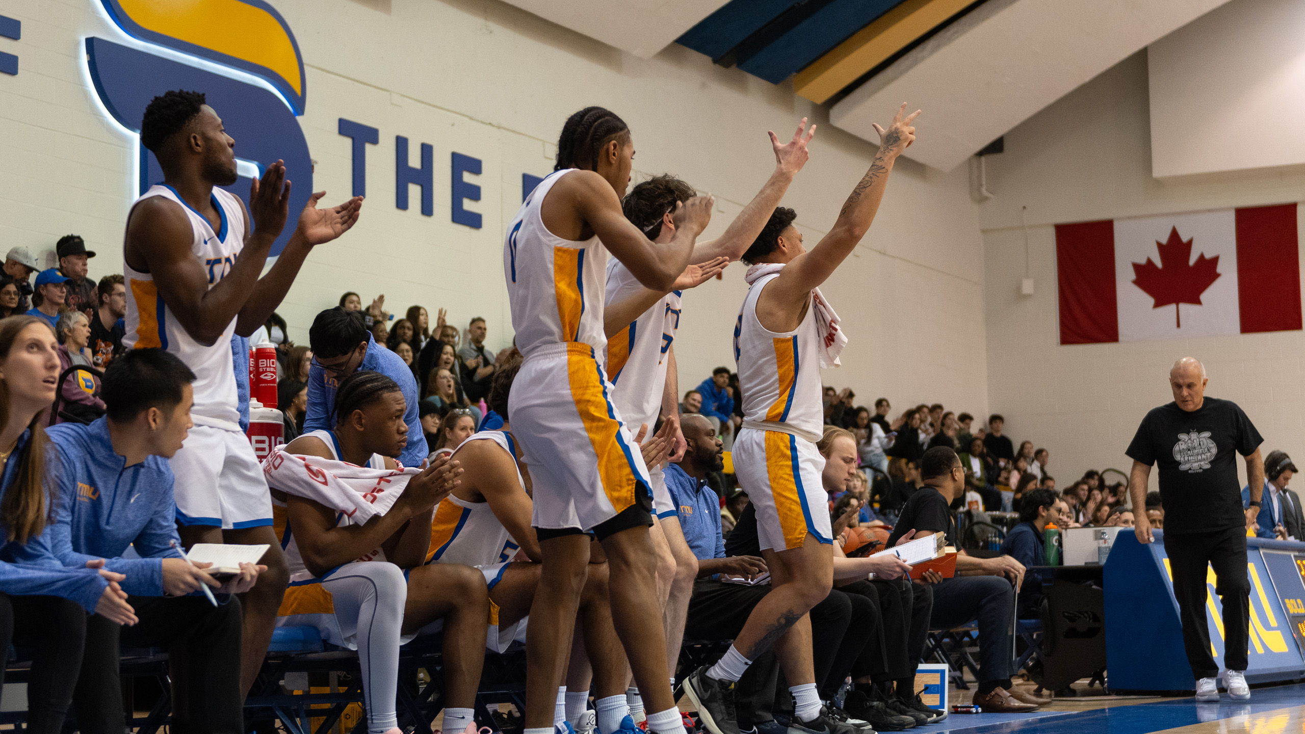 Players from the TMU bench stand up and celebrate a three-point bask