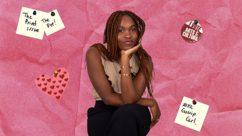 A pink background with various sticky notes around an image of Danielle Reid, sitting with her chin in her hand.