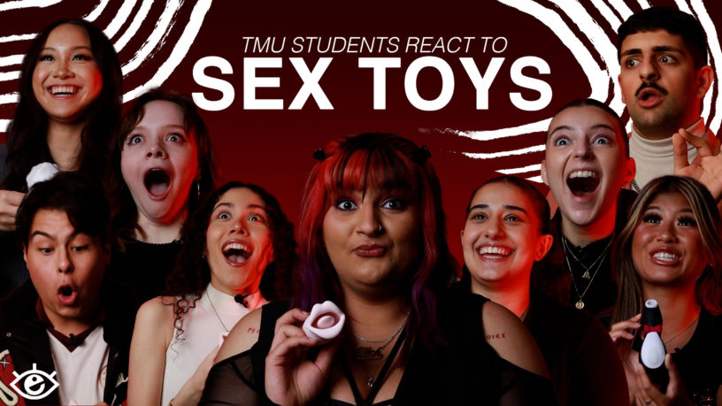 text in the center of a red background reads, TMU students react to sex toys, surrounded by 10 people with suprised reactions on their face