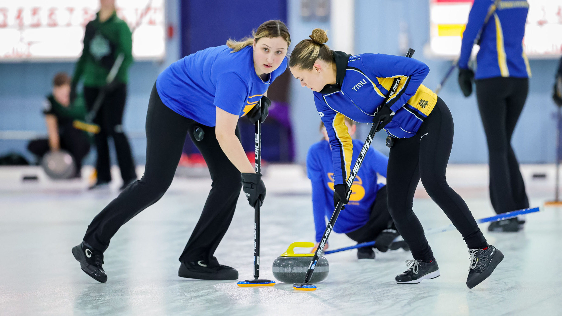 TMU women's curling player sweeps around the rock