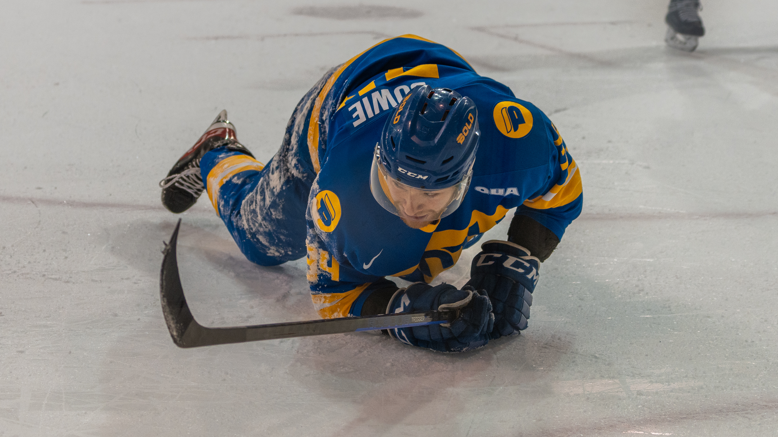 A TMU Bold men's hockey player falls on the ice