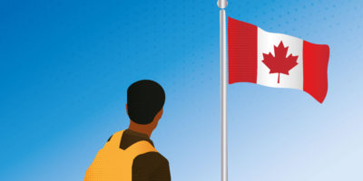 illustration of person with backpack looking at canada flag