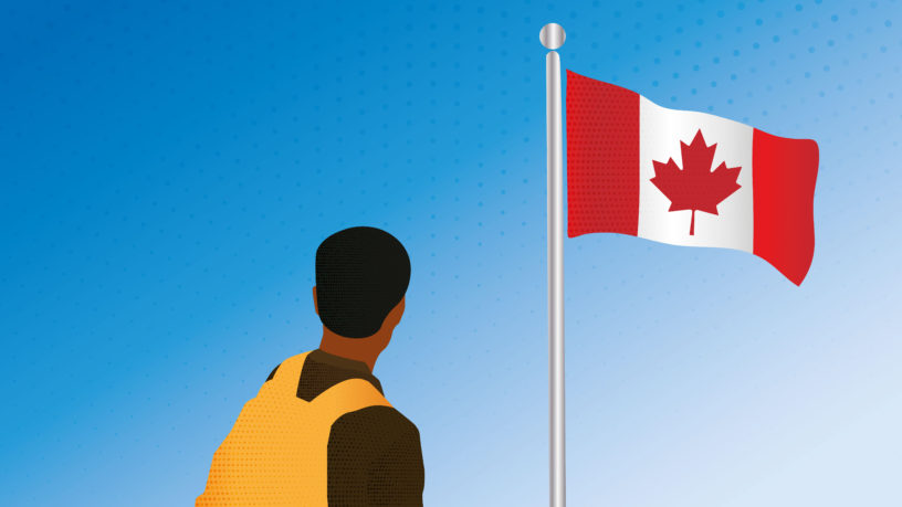 illustration of person with backpack looking at canada flag