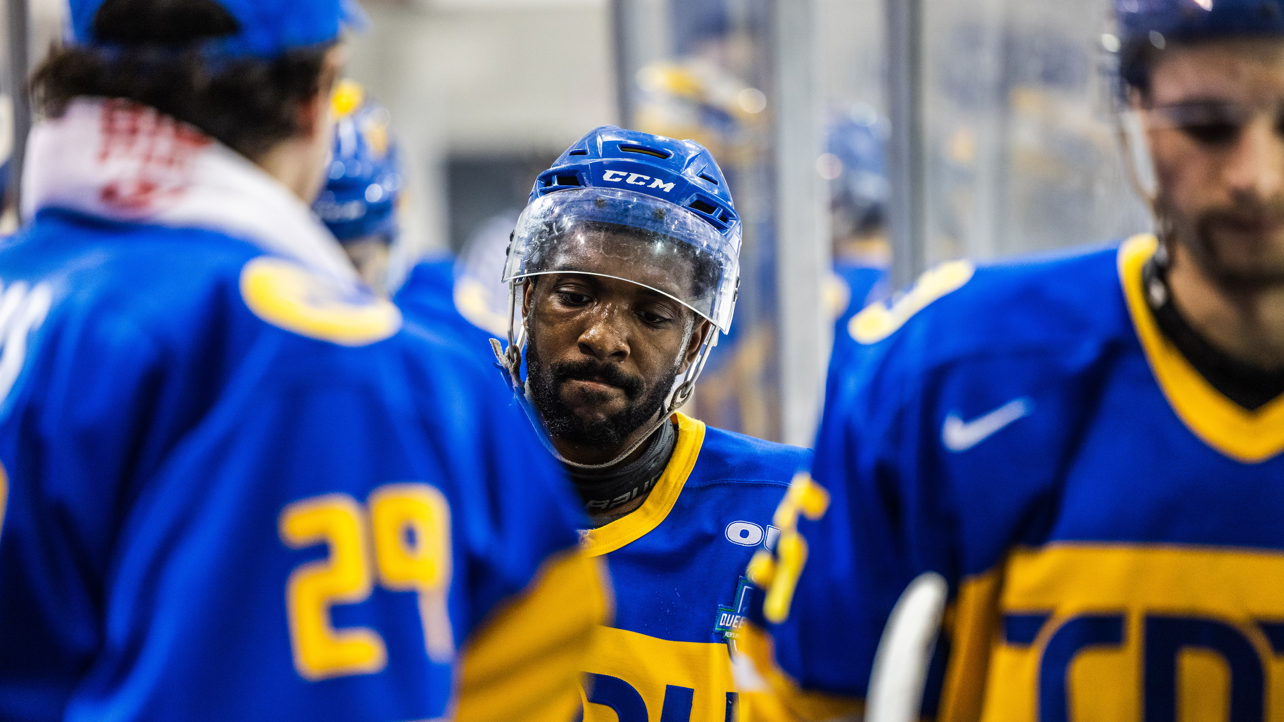 TMU Bold men's hockey player Elijah Roberts looks sad