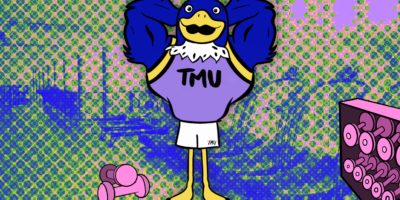 cartoon of a buff blue falcon mascot next to a pair of pink weights over a textured background