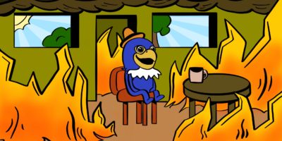 drawing of a falcon mascot sitting in a burning house on a sunny day