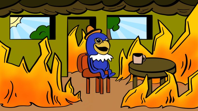 drawing of a falcon mascot sitting in a burning house on a sunny day
