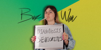 girl with a thermometer holding a sign reading 'diagnosis: senioritis' over a multicoloured green background