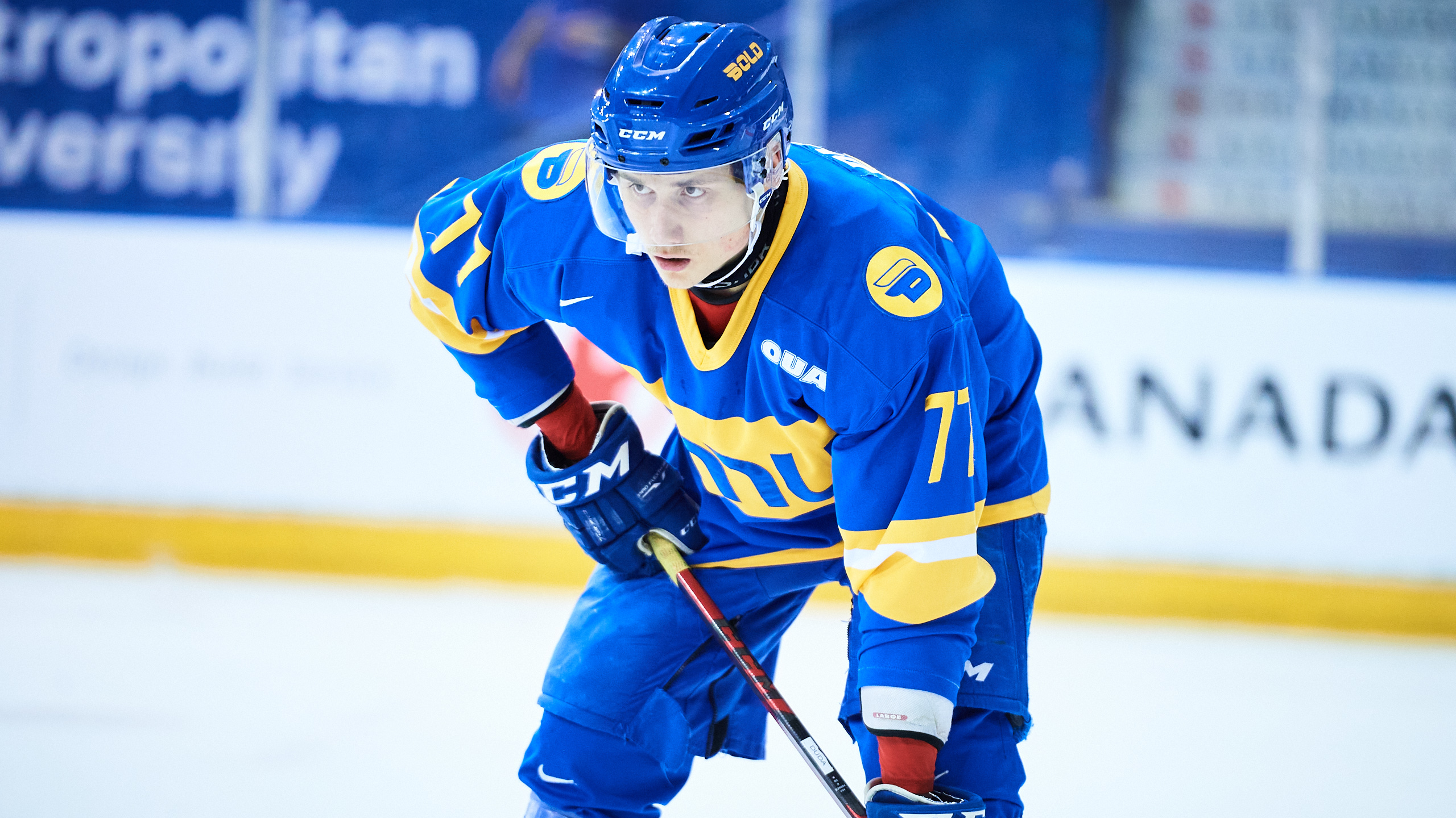 TMU men's hockey player Artem Duda prepares for a faceoff