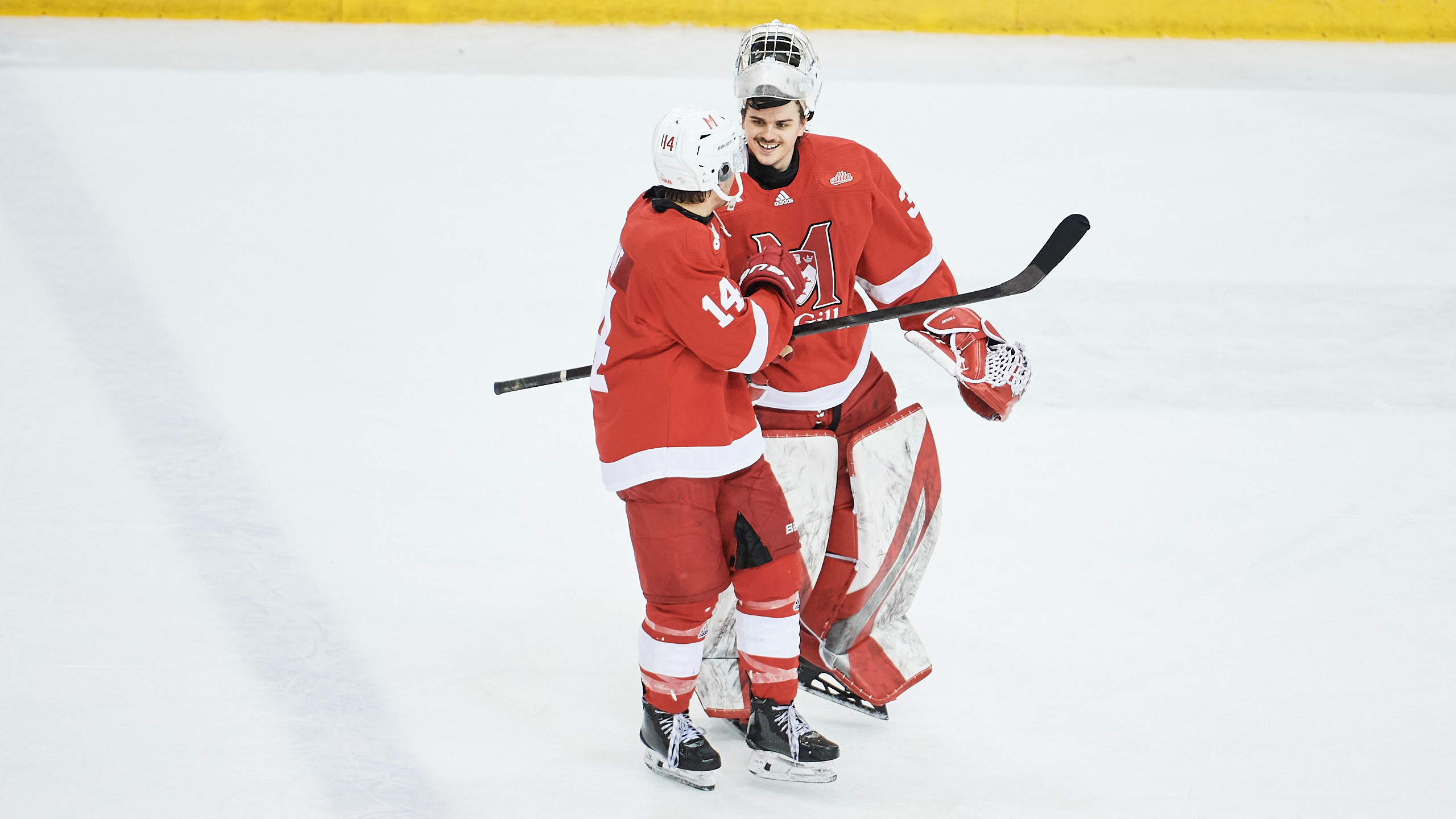 The McGill goaltender chats with his teammate while skating on the ice