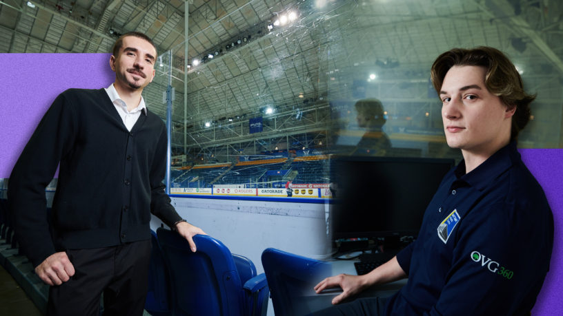 Composite portrait of two workers at the MAC hockey rink