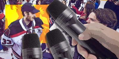 Collage of microphones and a sports player