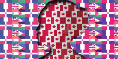 illustration of multitude of flags behind silhouette of person covered in Canada flags