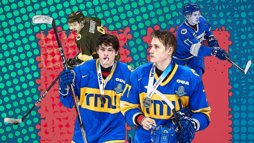 An illustration of TMU men's hockey players Daniil Grigorev and Artem Duda