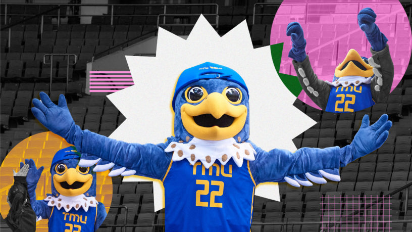 Collage of photos of TMU's mascot