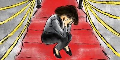 drawing of a person sitting on a red carpet and crying