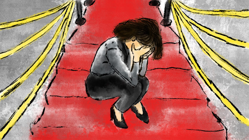 drawing of a person sitting on a red carpet and crying