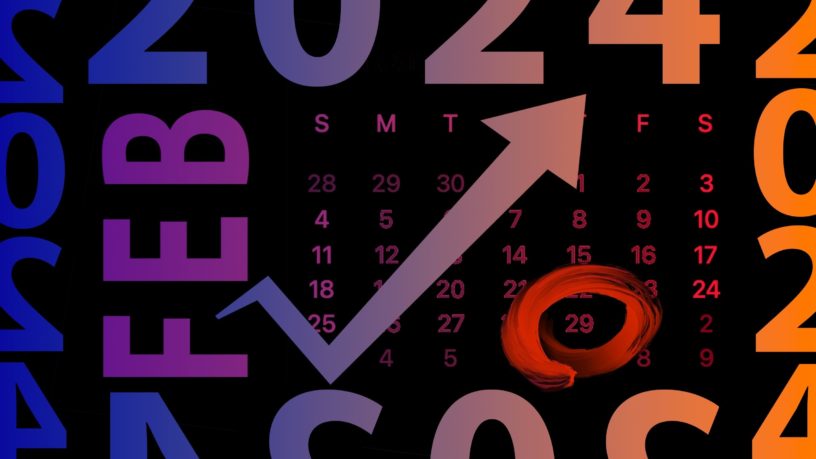 Abstract of numbers and letters with an arrow crossing over a calendar, the 29 circled in red