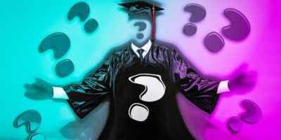 Grad gown with no person with question marks surrounding it