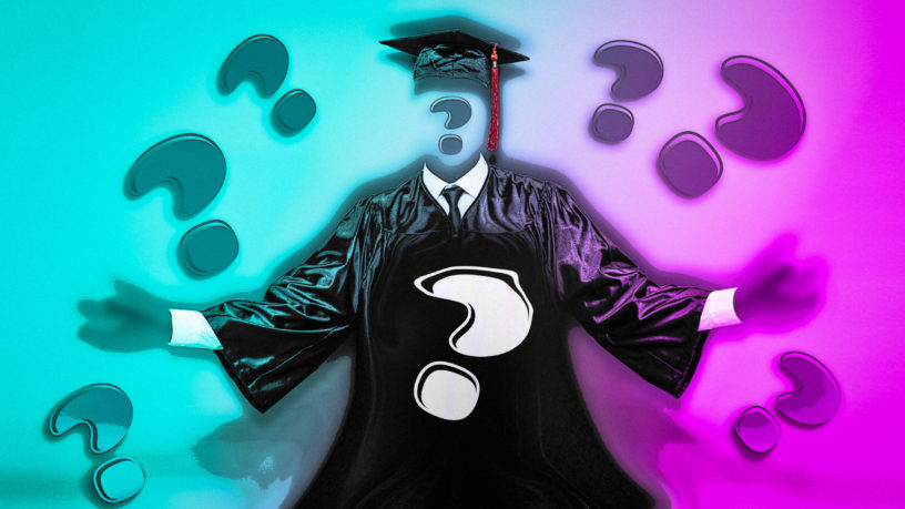 Grad gown with no person with question marks surrounding it