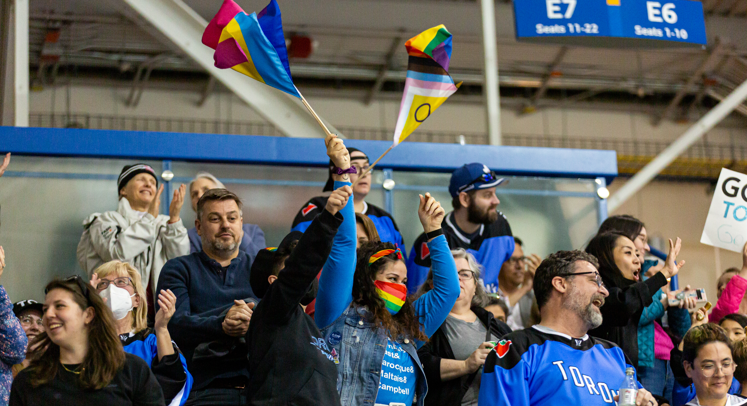 Fans in rainbow masks wave various pride flags in the air in the crowd at a PWHL Toronto game