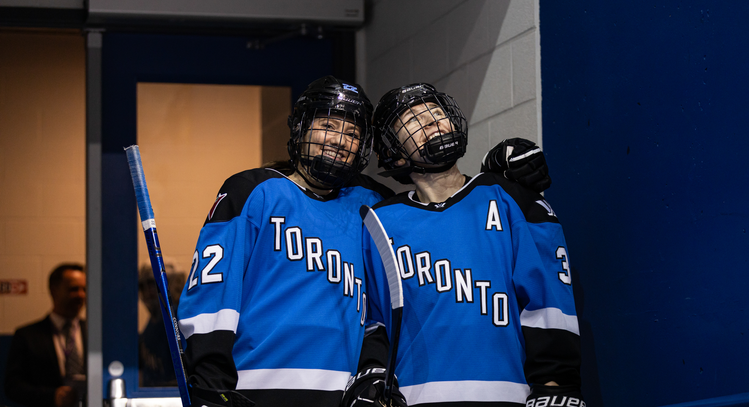 PWHL Toronto's Maggie Connors and Jocelyn Larocque pose for a picture in the tunnel
