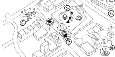 A black and white illustration of the TMU campus. Certain areas on the map are indicated by numbers that correspond with the text in the article.