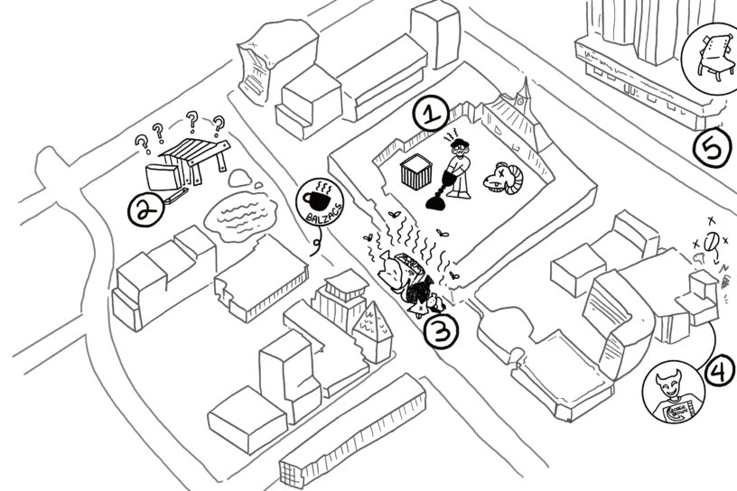 A black and white illustration of the TMU campus. Certain areas on the map are indicated by numbers that correspond with the text in the article.