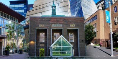 A photo illustration of various buildings on the Toronto Metropolitan University campus