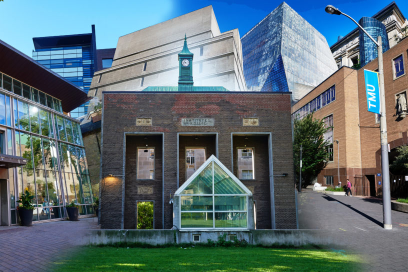 A photo illustration of various buildings on the Toronto Metropolitan University campus