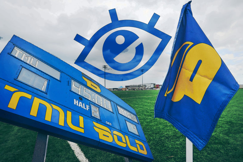 a composition of the tmu Bold with the scoreboard of the soccer team